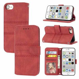 For iPhone 8 / 7 / 6 Embossed Striped Magnetic Buckle Horizontal Flip Leather Case with Holder & Card Slot & Wallet & Photo Frame & Sling(Red)
