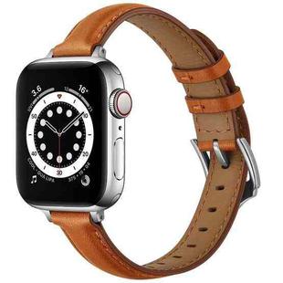 Business Style Leather Watch Band For Apple Watch Ultra 49mm / Series 8&7 45mm / SE 2&6&SE&5&4 44mm / 3&2&1 42mm(Brown Silver Buckle)