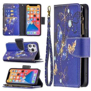 For iPhone 13 mini Colored Drawing Pattern Zipper Horizontal Flip Leather Case with Holder & Card Slots & Wallet (Purple Butterfly)