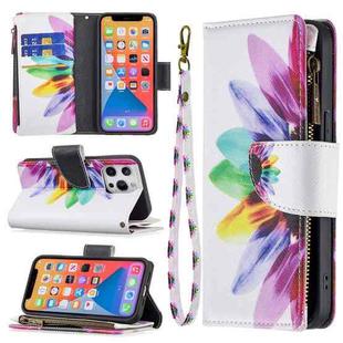 For iPhone 13 mini Colored Drawing Pattern Zipper Horizontal Flip Leather Case with Holder & Card Slots & Wallet (Sun Flower)
