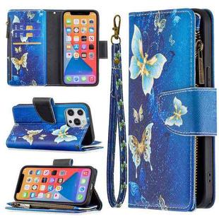 For iPhone 13 Colored Drawing Pattern Zipper Horizontal Flip Leather Case with Holder & Card Slots & Wallet(Gold Butterfly)