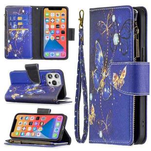 For iPhone 13 Pro Max Colored Drawing Pattern Zipper Horizontal Flip Leather Case with Holder & Card Slots & Wallet (Purple Butterfly)