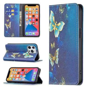 For iPhone 13 Colored Drawing Pattern Invisible Magnetic Horizontal Flip PU Leather Case with Holder & Card Slots & Wallet(Gold Butterflies)