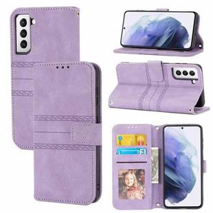 For Samsung Galaxy S21 5G Embossed Striped Magnetic Buckle PU + TPU Horizontal Flip Leather Case with Holder & Card Slot & Wallet & Photo Frame & Sling(Purple)