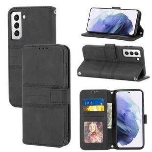 For Samsung Galaxy S21 FE Embossed Striped Magnetic Buckle PU + TPU Horizontal Flip Leather Case with Holder & Card Slot & Wallet & Photo Frame & Sling(Black)