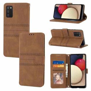 For Samsung Galaxy A02s 164mm Embossed Striped Magnetic Buckle PU + TPU Horizontal Flip Leather Case with Holder & Card Slot & Wallet & Photo Frame & Sling(Brown)