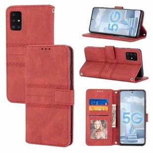 For Samsung Galaxy A51 Embossed Striped Magnetic Buckle PU + TPU Horizontal Flip Leather Case with Holder & Card Slot & Wallet & Photo Frame & Sling(Red)