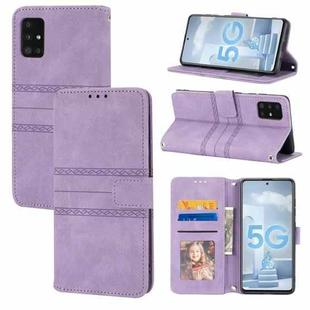 For Samsung Galaxy A71 Embossed Striped Magnetic Buckle PU + TPU Horizontal Flip Leather Case with Holder & Card Slot & Wallet & Photo Frame & Sling(Purple)