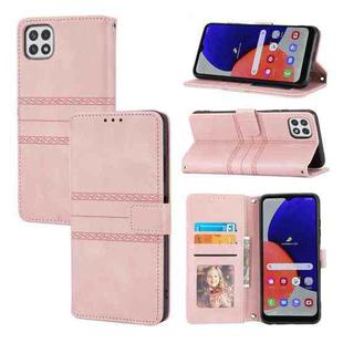 For Samsung Galaxy A22 5G Embossed Striped Magnetic Buckle PU + TPU Horizontal Flip Leather Case with Holder & Card Slot & Wallet & Photo Frame & Sling(Pink)