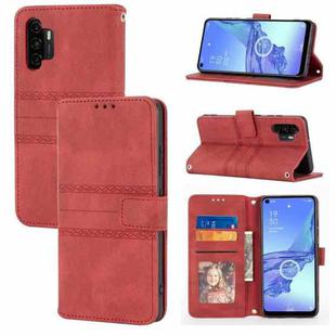 For Samsung Galaxy A32 4G Embossed Striped Magnetic Buckle PU + TPU Horizontal Flip Leather Case with Holder & Card Slot & Wallet & Photo Frame & Sling(Red)