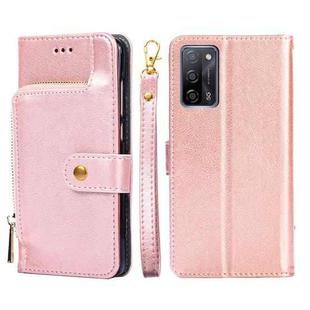 For OPPO A55 5G Zipper Bag PU + TPU Horizontal Flip Leather Case with Holder & Card Slot & Wallet & Lanyard(Rose Gold)