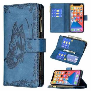 For iPhone 13 Flying Butterfly Embossing Pattern Zipper Horizontal Flip Leather Case with Holder & Card Slots & Wallet(Blue)