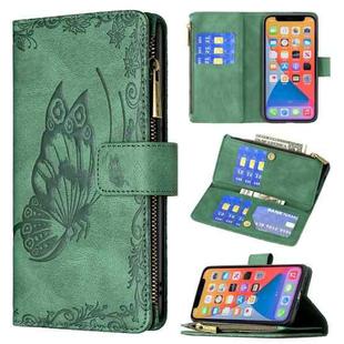 For iPhone 13 Flying Butterfly Embossing Pattern Zipper Horizontal Flip Leather Case with Holder & Card Slots & Wallet(Green)