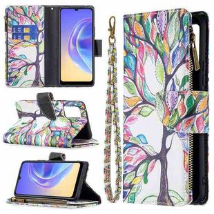 For vivo V21e 4G Colored Drawing Pattern Zipper Horizontal Flip Leather Case with Holder & Card Slots & Wallet(Big Tree)