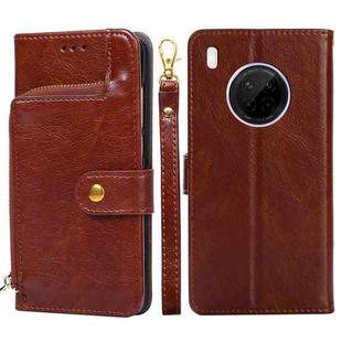 For Huawei Y9a Zipper Bag PU + TPU Horizontal Flip Leather Case with Holder & Card Slot & Wallet & Lanyard(Brown)