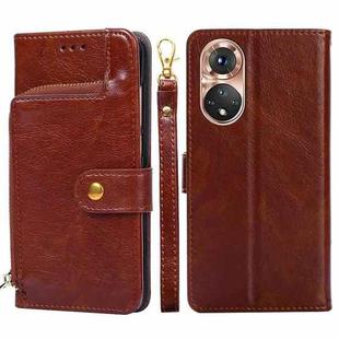 For Honor 50 Pro Zipper Bag PU + TPU Horizontal Flip Leather Case with Holder & Card Slot & Wallet & Lanyard(Brown)