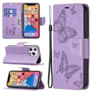 For iPhone 13 Embossing Two Butterflies Pattern Horizontal Flip PU Leather Case with Holder & Card Slot & Wallet & Lanyard(Purple)