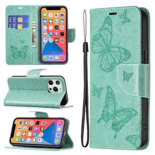 For iPhone 13 Embossing Two Butterflies Pattern Horizontal Flip PU Leather Case with Holder & Card Slot & Wallet & Lanyard(Green)