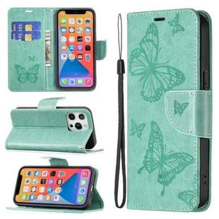 For iPhone 13 Pro Max Embossing Two Butterflies Pattern Horizontal Flip PU Leather Case with Holder & Card Slot & Wallet & Lanyard (Green)