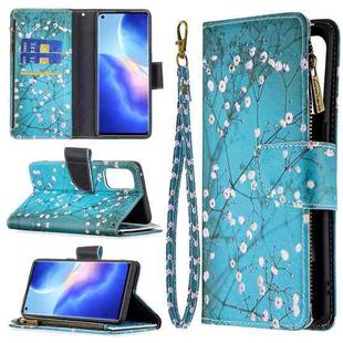 For OPPO Reno5 Pro 5G Colored Drawing Pattern Zipper Horizontal Flip Leather Case with Holder & Card Slots & Wallet(Plum Blossom)