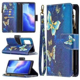 For OPPO Reno5 5G Colored Drawing Pattern Zipper Horizontal Flip Leather Case with Holder & Card Slots & Wallet(Gold Butterfly)