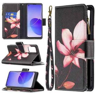 For OPPO Reno6 5G Colored Drawing Pattern Zipper Horizontal Flip Leather Case with Holder & Card Slots & Wallet(Lotus)