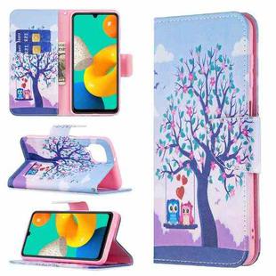 For Samsung Galaxy M32 Colored Drawing Horizontal Flip Leather Case with Holder & Card Slots & Wallet(Two Owls)