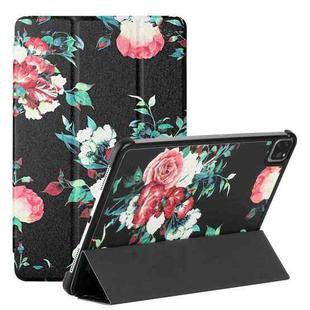 Silk Texture Colored Drawing Pattern Horizontal Flip Magnetic PU Leather Tablet Case with Three-folding Holder & Sleep / Wake-up Function For iPad Pro 11 2021 / 2020 / 2018(Black Peony)