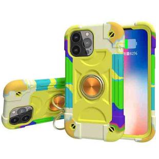 For iPhone 13 Shockproof Silicone + PC Protective Case with Dual-Ring Holder(Colorful Yellow Green)