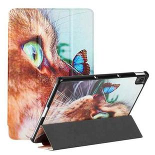 For Lenovo Tab P11 J606F / Lenovo Pad Silk Texture Colored Drawing Pattern Horizontal Flip Magnetic PU Leather Case with Three-folding Holder & Sleep / Wake-up Function(Cat and Butterfly)