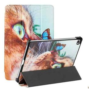 For Samsung Galaxy Tab S6 Lite SM P610/T615 Silk Texture Colored Drawing Pattern Horizontal Flip Magnetic PU Leather Case with Three-folding Holder & Sleep / Wake-up Function(Cat and Butterfly)