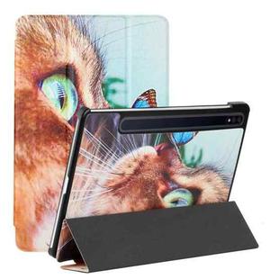 For Samsung Galaxy Tab S8 / Galaxy Tab S7 T870/T875 Silk Texture Colored Drawing Pattern Horizontal Flip Magnetic PU Leather Case with Three-folding Holder & Sleep / Wake-up Function(Cat and Butterfly)
