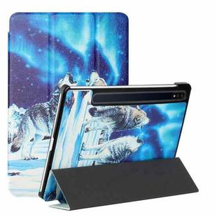 For Samsung Galaxy Tab S8 / Galaxy Tab S7 T870/T875 Silk Texture Colored Drawing Pattern Horizontal Flip Magnetic PU Leather Case with Three-folding Holder & Sleep / Wake-up Function(Snow Wolf)