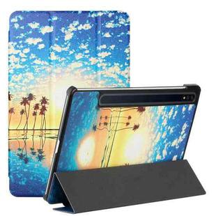 For Samsung Galaxy Tab S8 / Galaxy Tab S7 T870/T875 Silk Texture Colored Drawing Pattern Horizontal Flip Magnetic PU Leather Case with Three-folding Holder & Sleep / Wake-up Function(Seaside Sunrise)