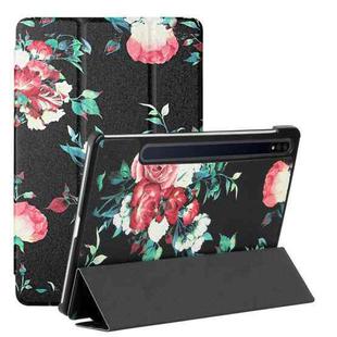 For Samsung Galaxy Tab S8 / Galaxy Tab S7 T870/T875 Silk Texture Colored Drawing Pattern Horizontal Flip Magnetic PU Leather Case with Three-folding Holder & Sleep / Wake-up Function(Black Peony)