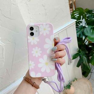 For iPhone 12 / 12 Pro Flower Pattern TPU Shockproof Protective Case with Neck Lanyard(Purple)