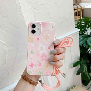 For iPhone 11 Pro Flower Pattern TPU Shockproof Protective Case with Neck Lanyard (Pink)