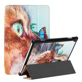 For Lenovo Tab M10 TB-X505F/X605F Silk Texture Colored Drawing Pattern Horizontal Flip Magnetic PU Leather Case with Three-folding Holder(Cat and Butterfly)