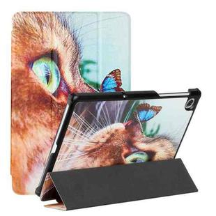 For Lenovo M10 Plus X606F 10.3 Silk Texture Colored Drawing Pattern Horizontal Flip Magnetic PU Leather Case with Three-folding Holder(Cat and Butterfly)