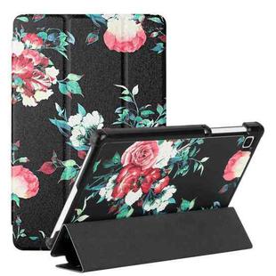 For Samsung Galaxy Tab A7 Lite 8.7 T220/T225 Silk Texture Colored Drawing Pattern Horizontal Flip Magnetic PU Leather Case with Three-folding Holder(Black Peony)