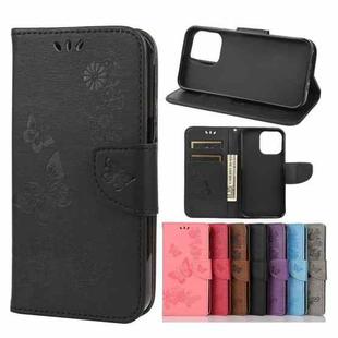 For iPhone 13 Vintage Embossed Floral Butterfly Pattern Horizontal Flip Leather Case with Card Slot & Holder & Wallet & Lanyard(Black)
