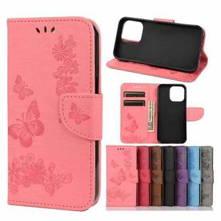For iPhone 13 Vintage Embossed Floral Butterfly Pattern Horizontal Flip Leather Case with Card Slot & Holder & Wallet & Lanyard(Pink)