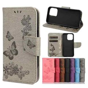 For iPhone 13 Vintage Embossed Floral Butterfly Pattern Horizontal Flip Leather Case with Card Slot & Holder & Wallet & Lanyard(Grey)