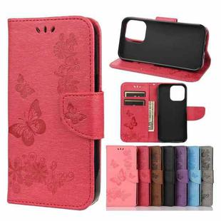 For iPhone 13 Vintage Embossed Floral Butterfly Pattern Horizontal Flip Leather Case with Card Slot & Holder & Wallet & Lanyard(Red)