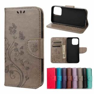 For iPhone 13 Butterfly Flower Pattern Horizontal Flip Leather Case with Holder & Card Slots & Wallet(Grey)