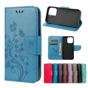 For iPhone 13 Butterfly Flower Pattern Horizontal Flip Leather Case with Holder & Card Slots & Wallet(Blue)