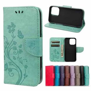 For iPhone 13 Butterfly Flower Pattern Horizontal Flip Leather Case with Holder & Card Slots & Wallet(Green)