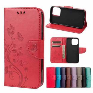 For iPhone 13 Pro Butterfly Flower Pattern Horizontal Flip Leather Case with Holder & Card Slots & Wallet (Red)