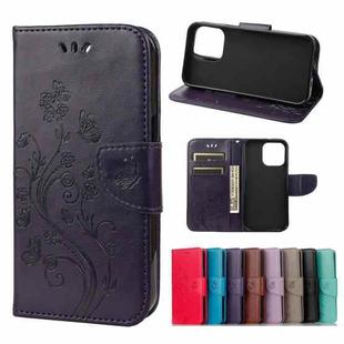 For iPhone 13 Pro Butterfly Flower Pattern Horizontal Flip Leather Case with Holder & Card Slots & Wallet (Deep Purple)