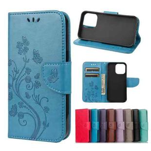 For iPhone 13 Pro Butterfly Flower Pattern Horizontal Flip Leather Case with Holder & Card Slots & Wallet (Blue)